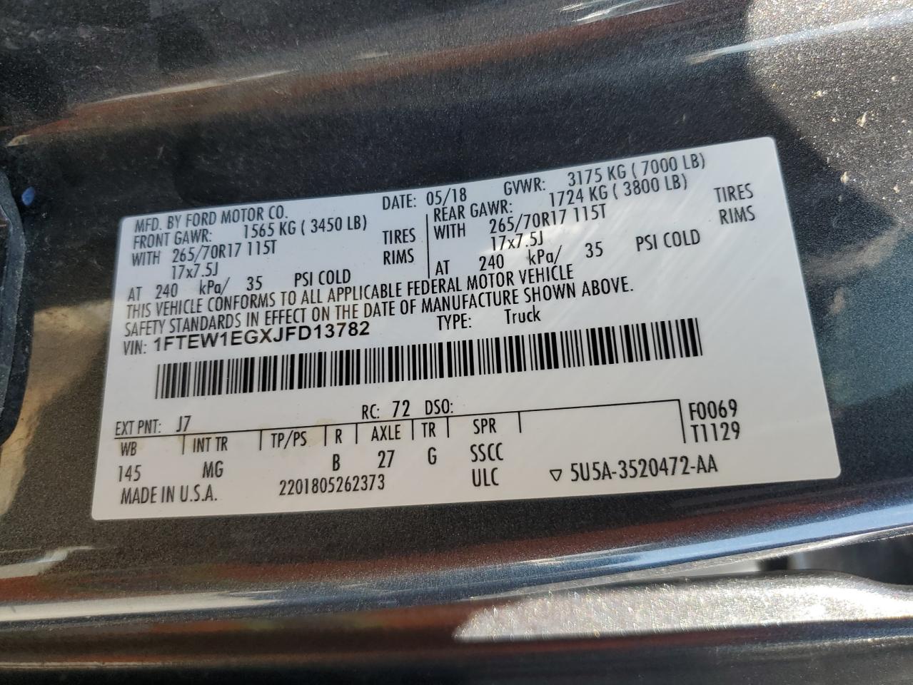 2018 Ford F150 Supercrew VIN: 1FTEW1EGXJFD13782 Lot: 81294665