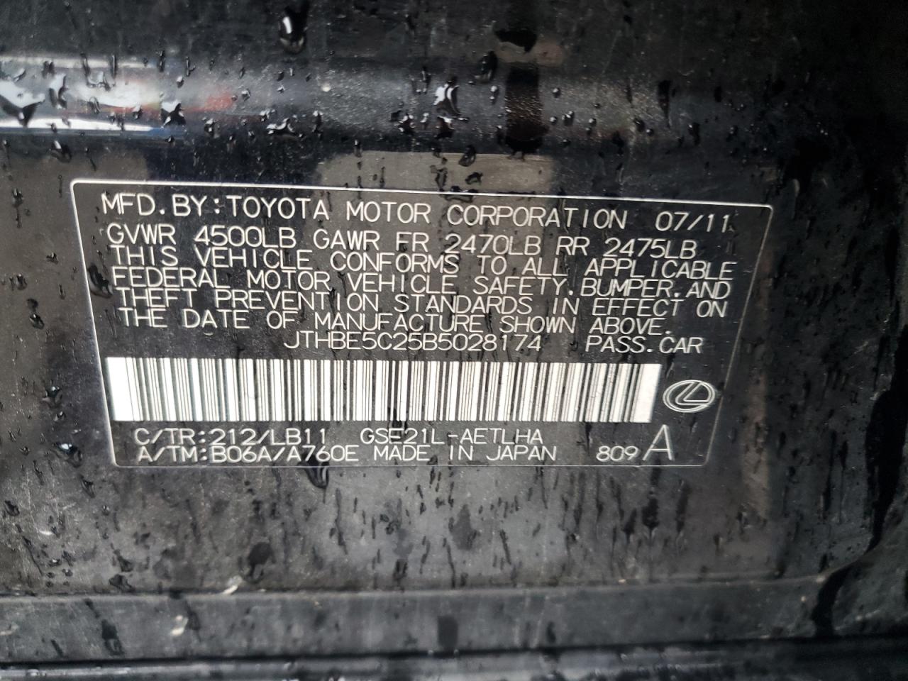 2011 Lexus Is 350 VIN: JTHBE5C25B5028174 Lot: 83845285