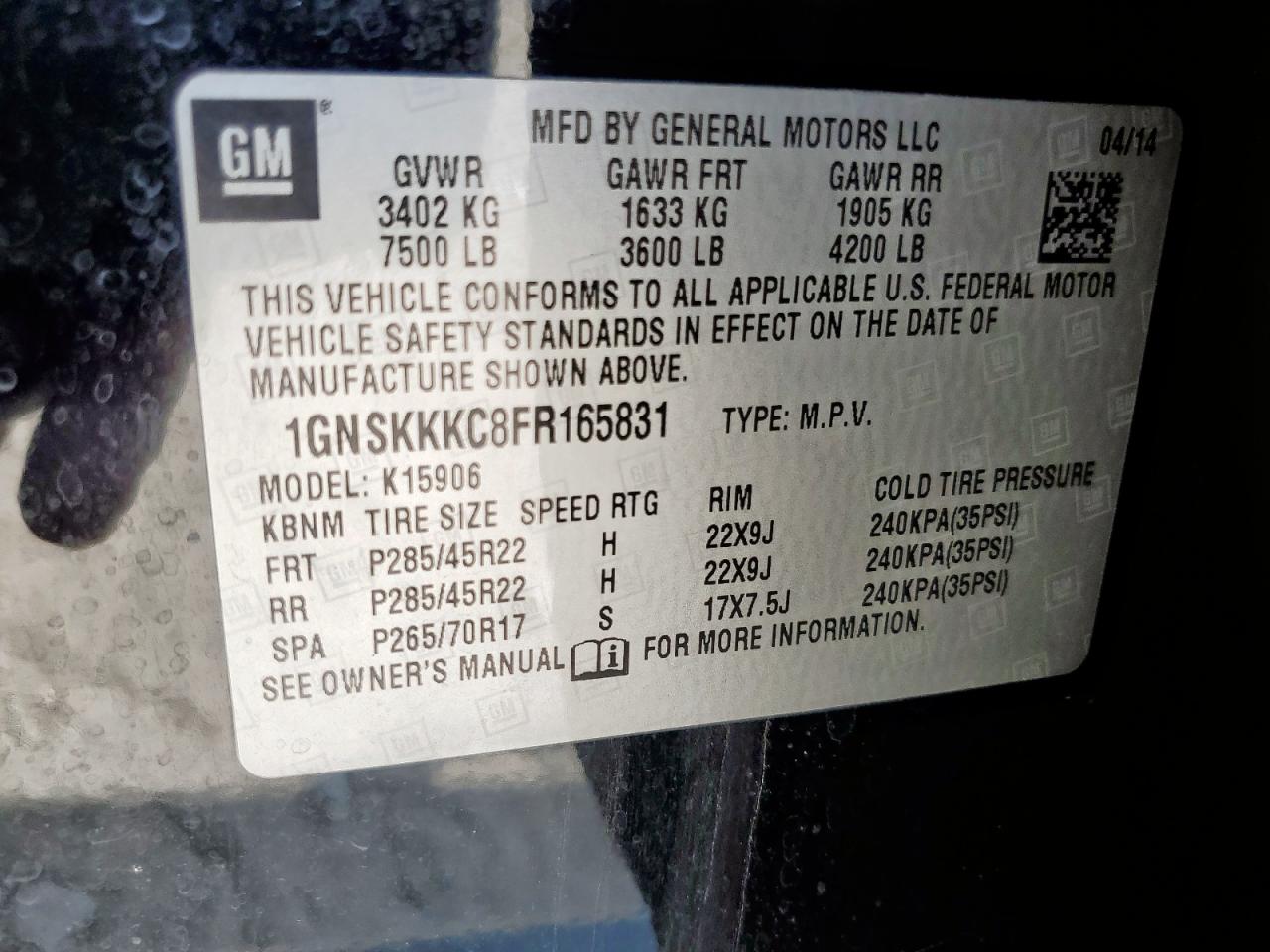 2015 Chevrolet Suburban K1500 Ltz VIN: 1GNSKKKC8FR165831 Lot: 81661365