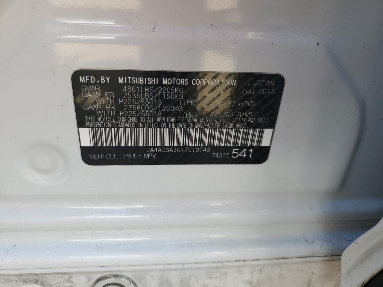 2019 Mitsubishi Outlander Se VIN: JA4AD3A30KZ010748 Lot: 70848235