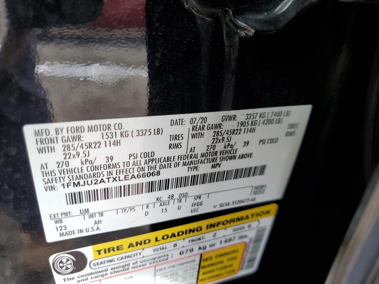 2020 Ford Expedition Limited VIN: 1FMJU2ATXLEA66068 Lot: 81786075