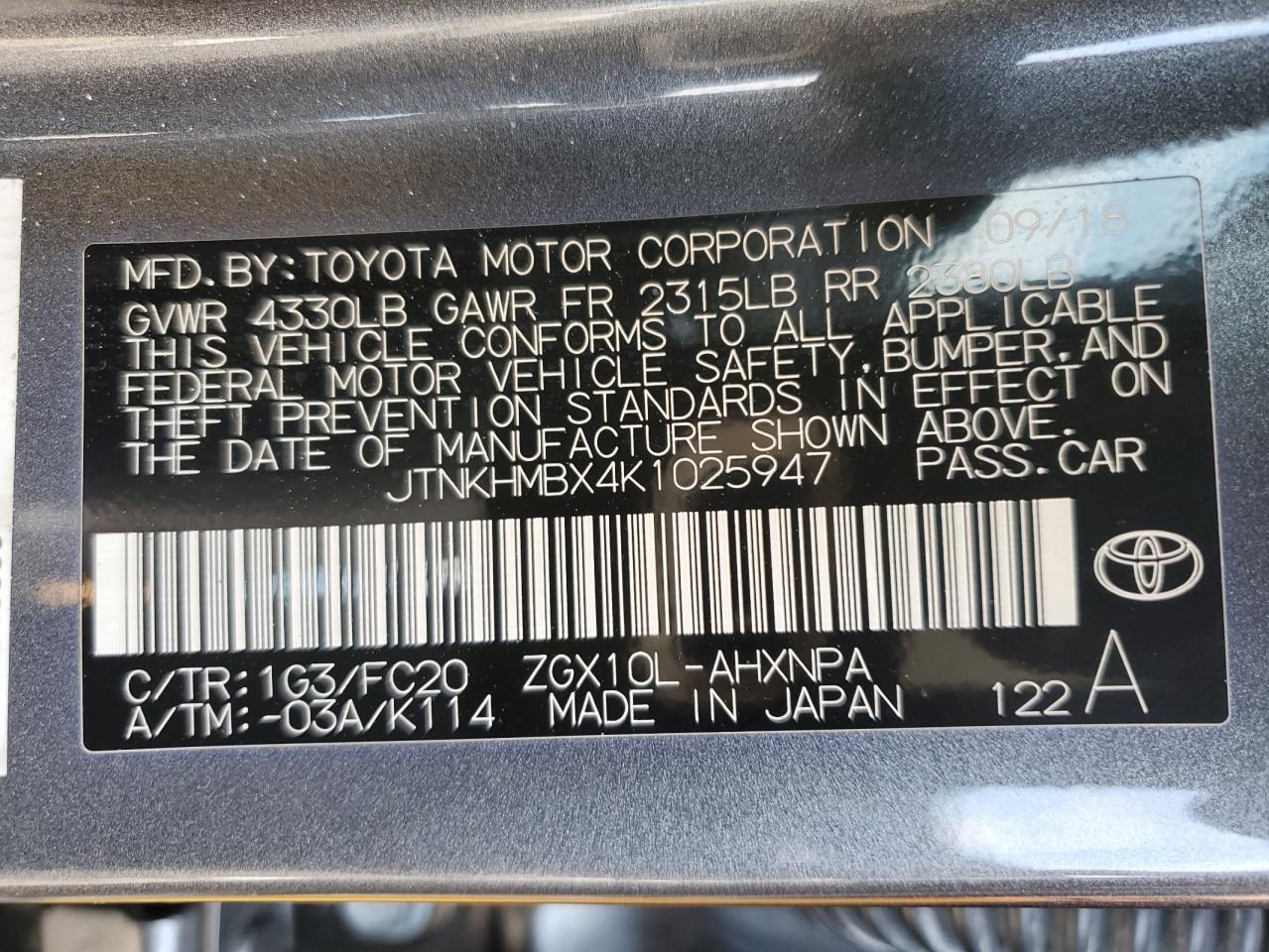 2019 Toyota C-Hr Xle VIN: JTNKHMBX4K1025947 Lot: 81637135