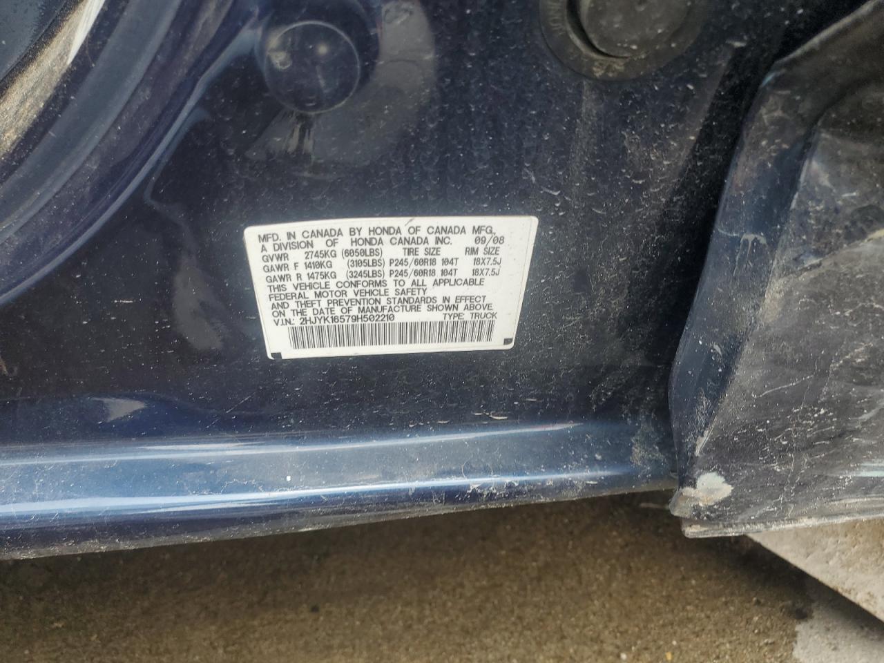 2009 Honda Ridgeline Rtl VIN: 2HJYK16579H502210 Lot: 70644195