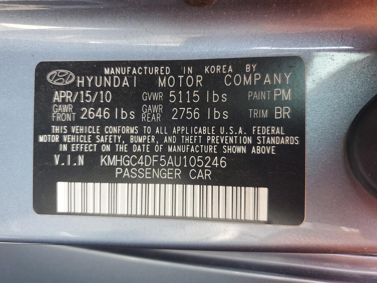 2010 Hyundai Genesis 4.6L VIN: KMHGC4DF5AU105246 Lot: 81300535