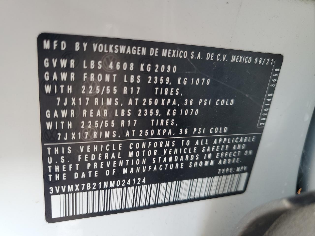 2022 Volkswagen Taos S VIN: 3VVMX7B21NM024124 Lot: 82071985