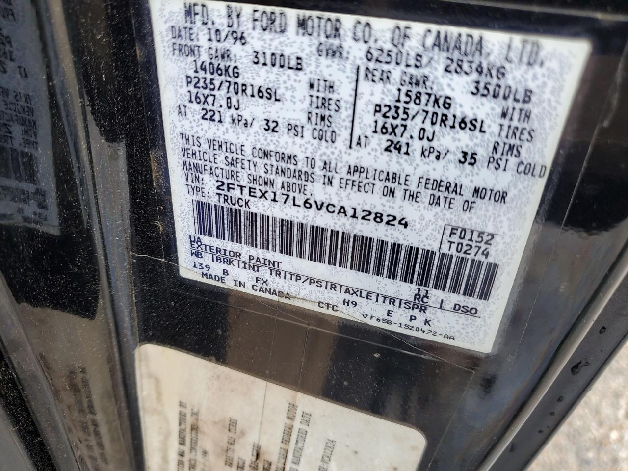 1997 Ford F150 VIN: 2FTEX17L6VCA12824 Lot: 84005795