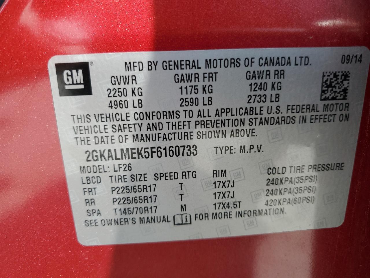 2015 GMC Terrain Sle VIN: 2GKALMEK5F6160733 Lot: 80336305