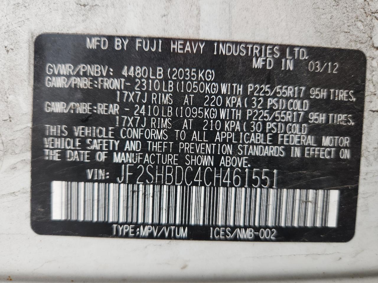 2012 Subaru Forester 2.5X Premium VIN: JF2SHBDC4CH461551 Lot: 81717875