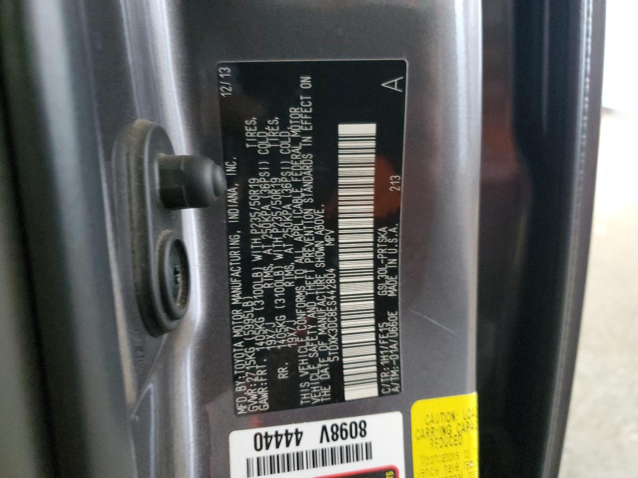 2014 Toyota Sienna Sport VIN: 5TDXK3DC8ES442804 Lot: 81769655