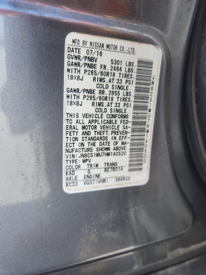 2017 Infiniti Qx70 VIN: JN8CS1MU7HM140520 Lot: 81356725