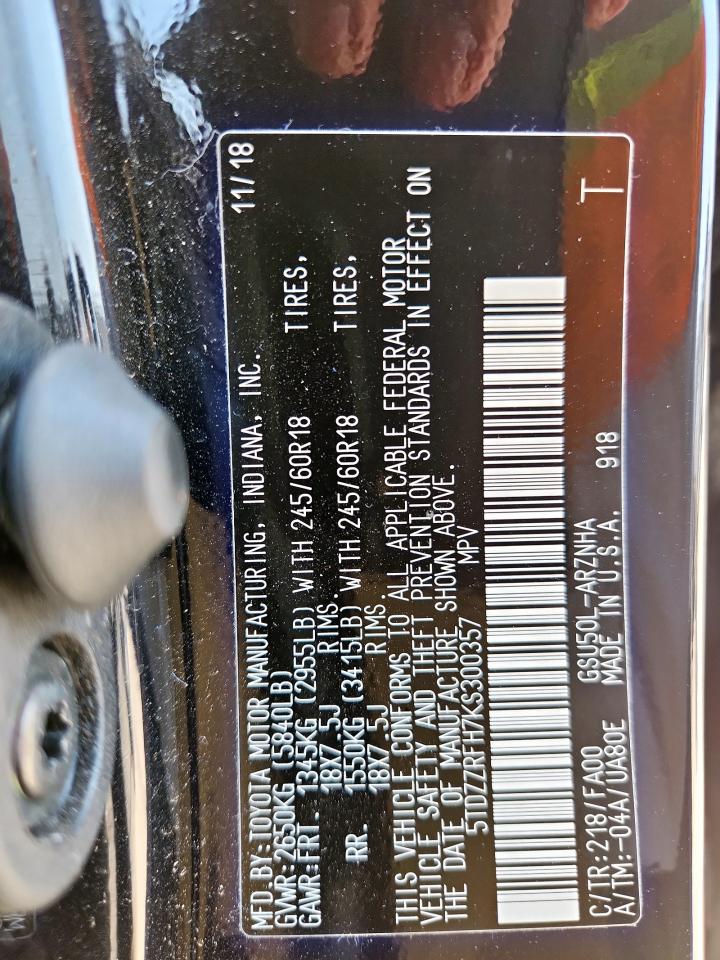 2019 Toyota Highlander Le VIN: 5TDZZRFH7KS300357 Lot: 80077125