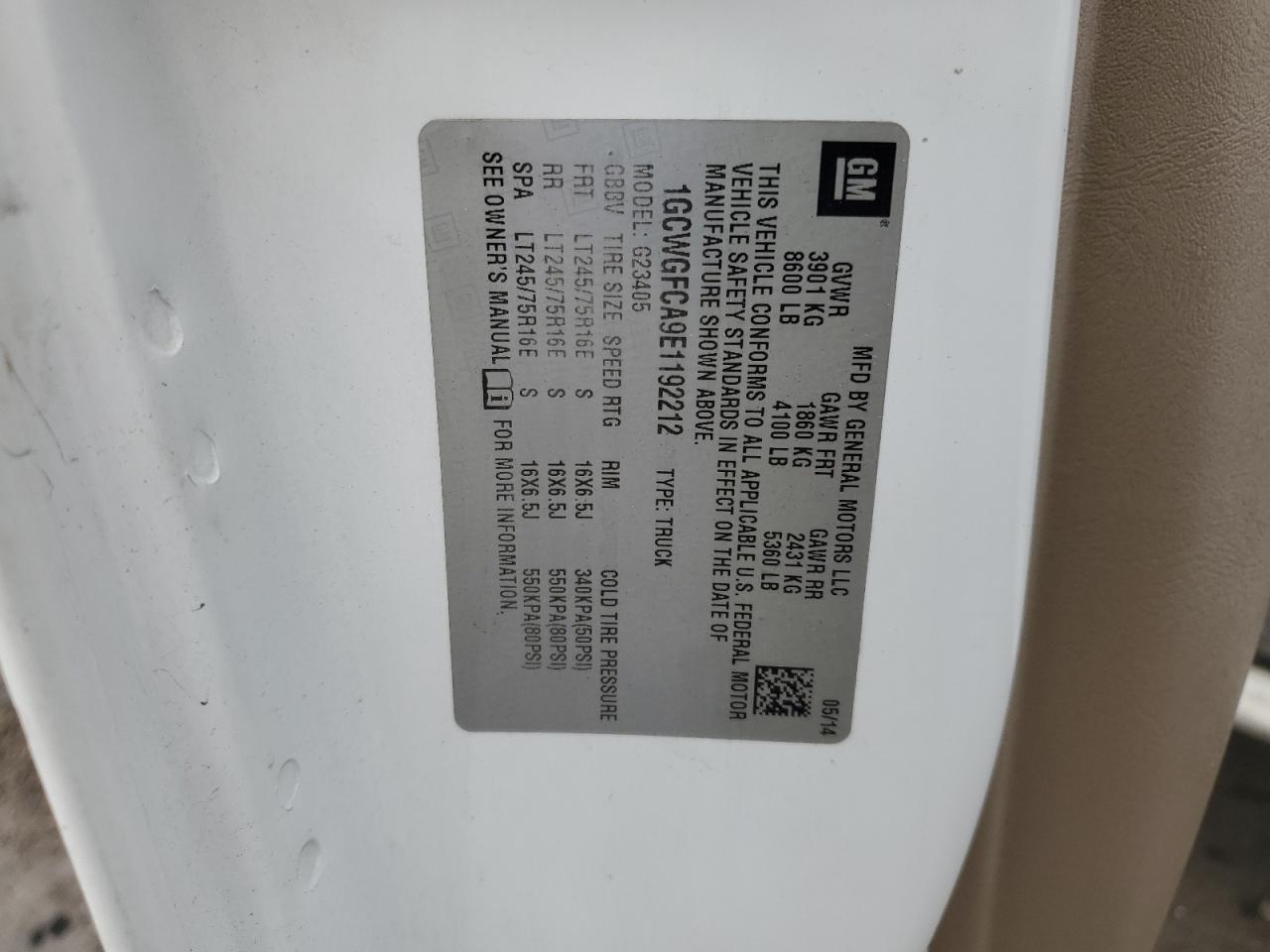 2014 Chevrolet Express G2500 VIN: 1GCWGFCA9E1192212 Lot: 81191355