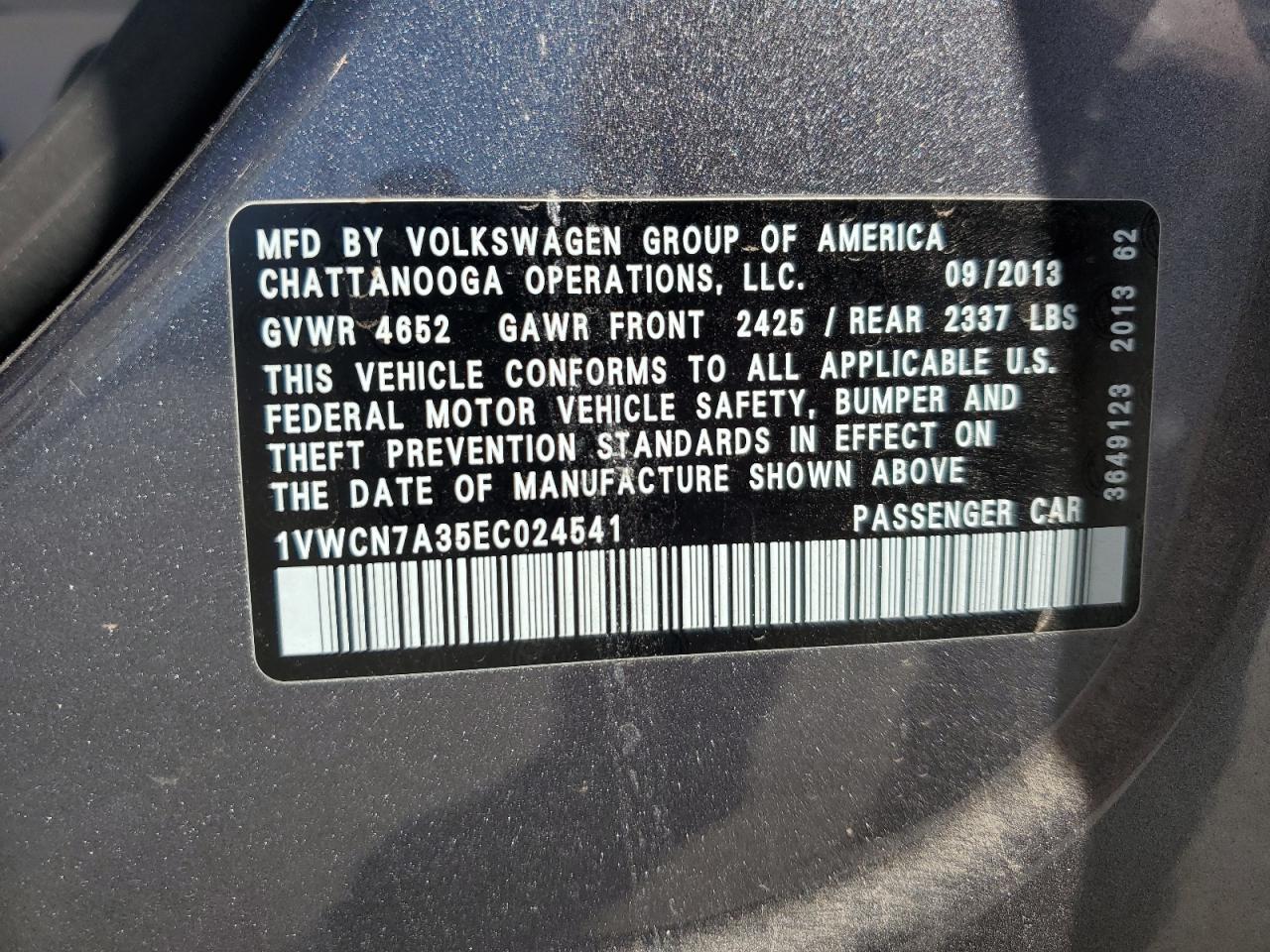 2014 Volkswagen Passat Sel VIN: 1VWCN7A35EC024541 Lot: 83767545
