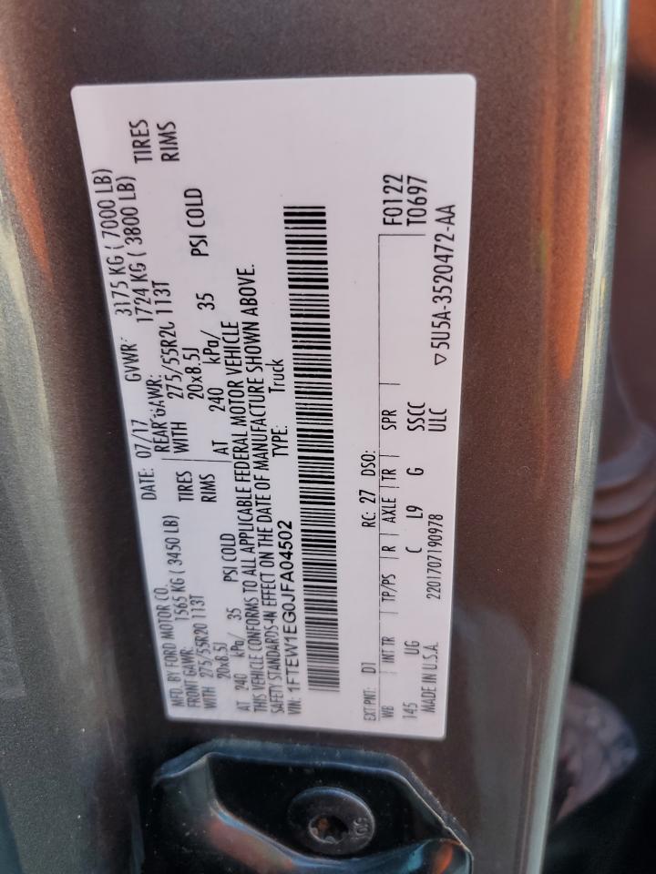 2018 Ford F150 Supercrew VIN: 1FTEW1EG0JFA04502 Lot: 82070165