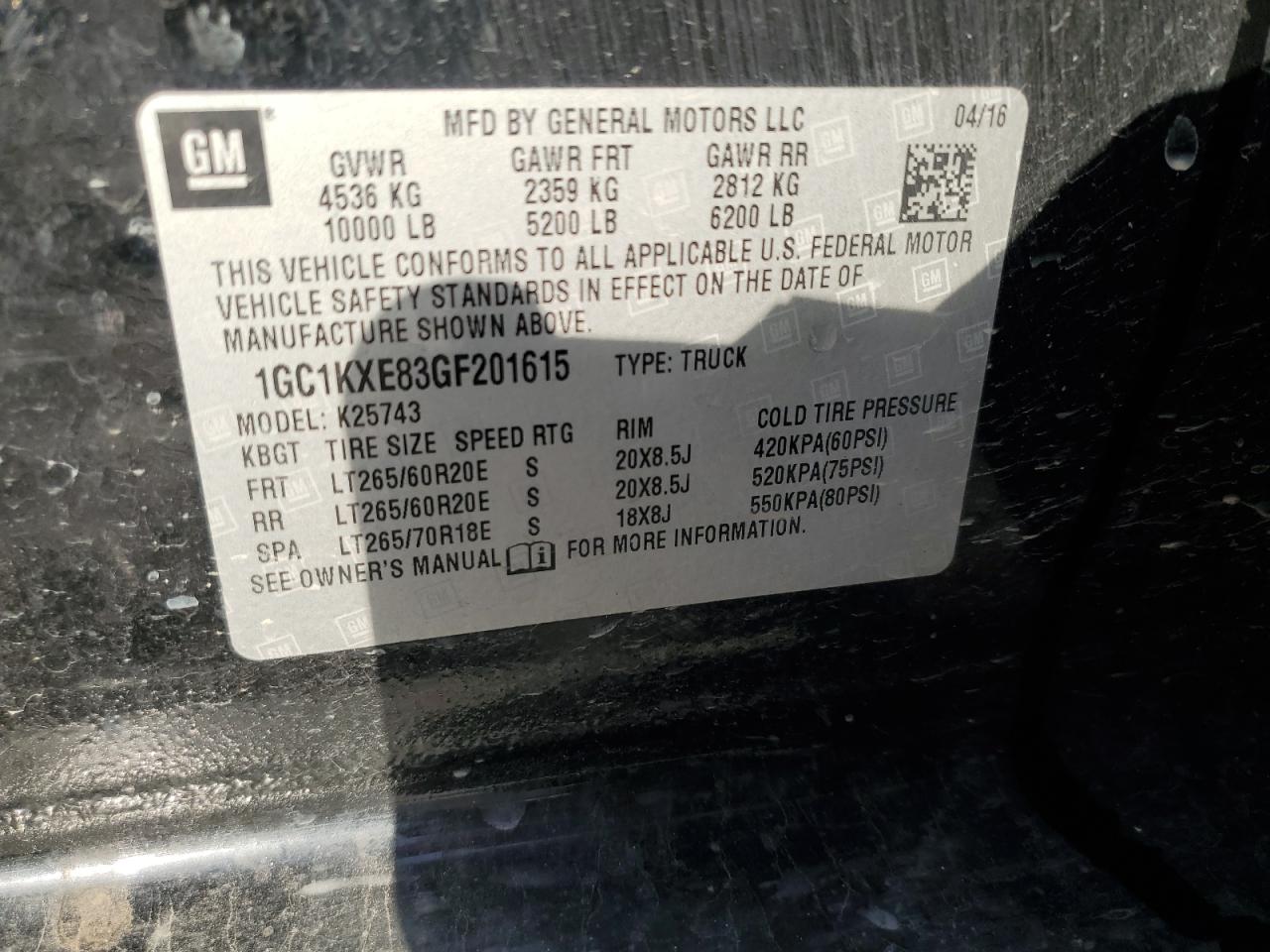 2016 Chevrolet Silverado K2500 High Country VIN: 1GC1KXE83GF201615 Lot: 81799875