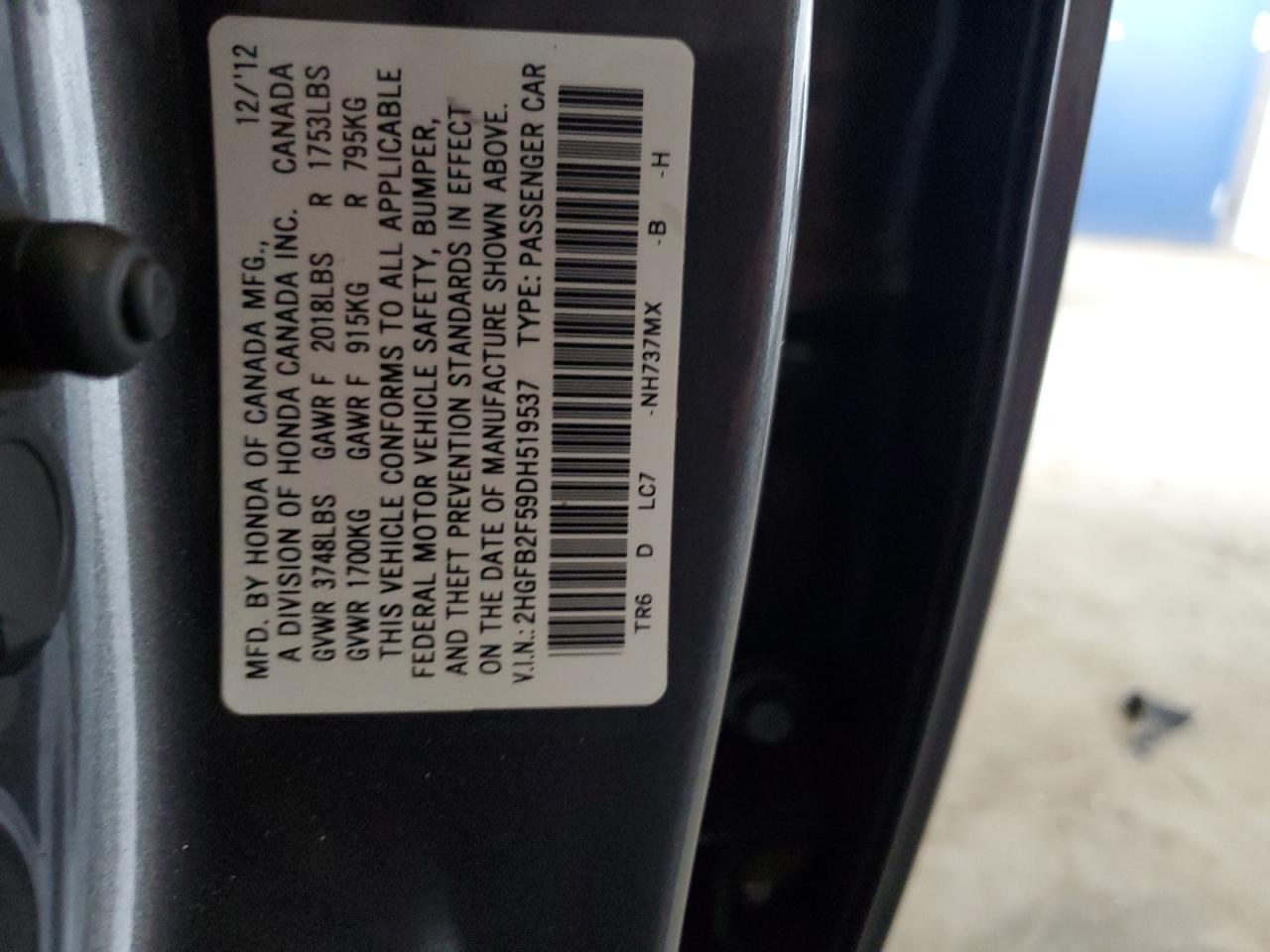 2013 Honda Civic Lx VIN: 2HGFB2F59DH519537 Lot: 84463945