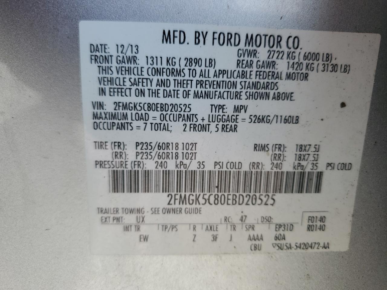 2014 Ford Flex Sel VIN: 2FMGK5C80EBD20525 Lot: 84608265