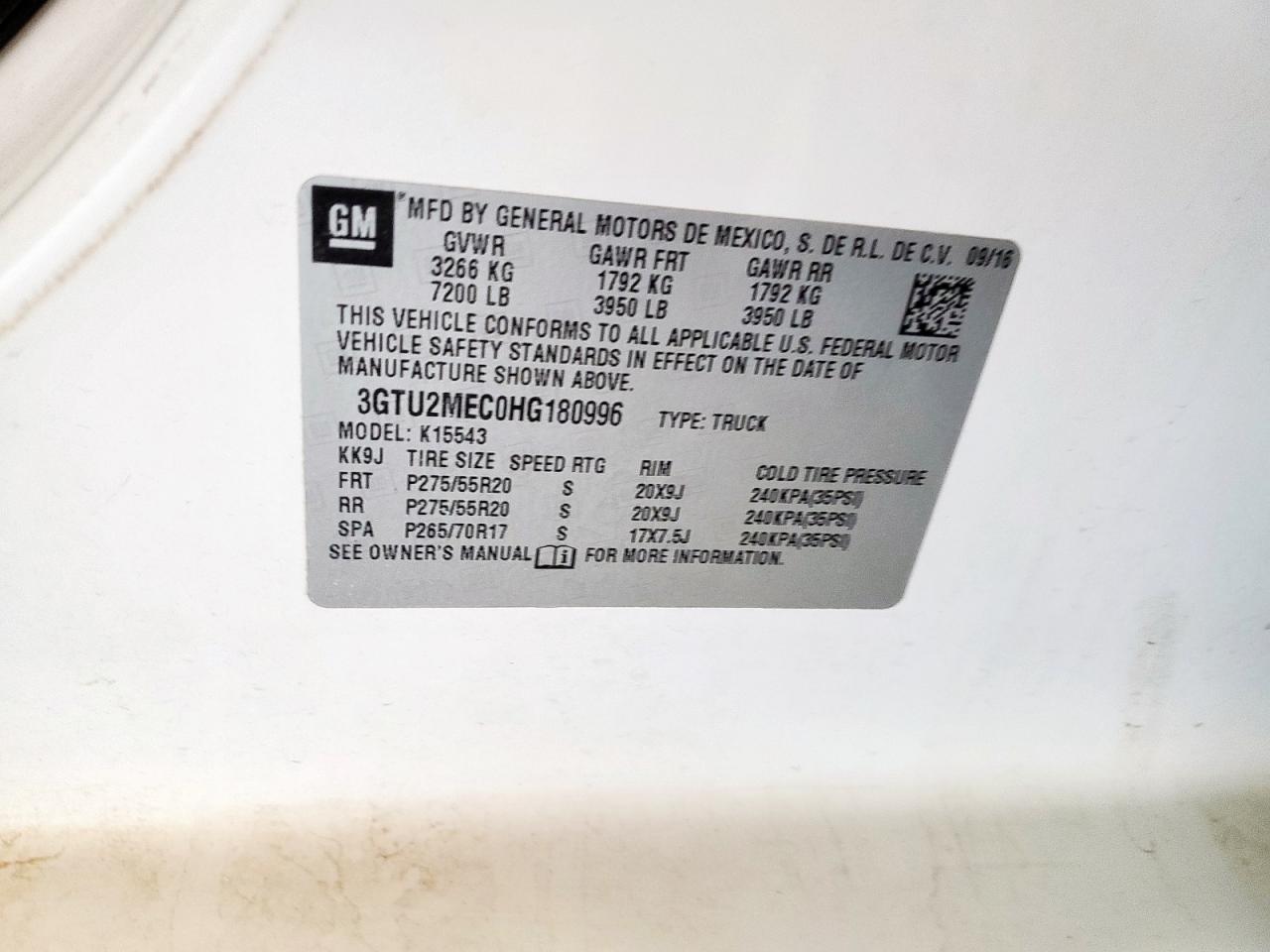 2017 GMC Sierra K1500 Sle VIN: 3GTU2MEC0HG180996 Lot: 80721705