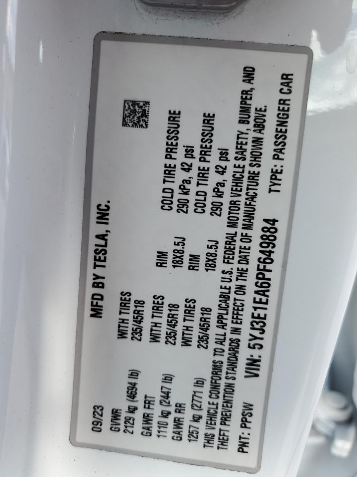 2023 Tesla Model 3 VIN: 5YJ3E1EA6PF649884 Lot: 70624005