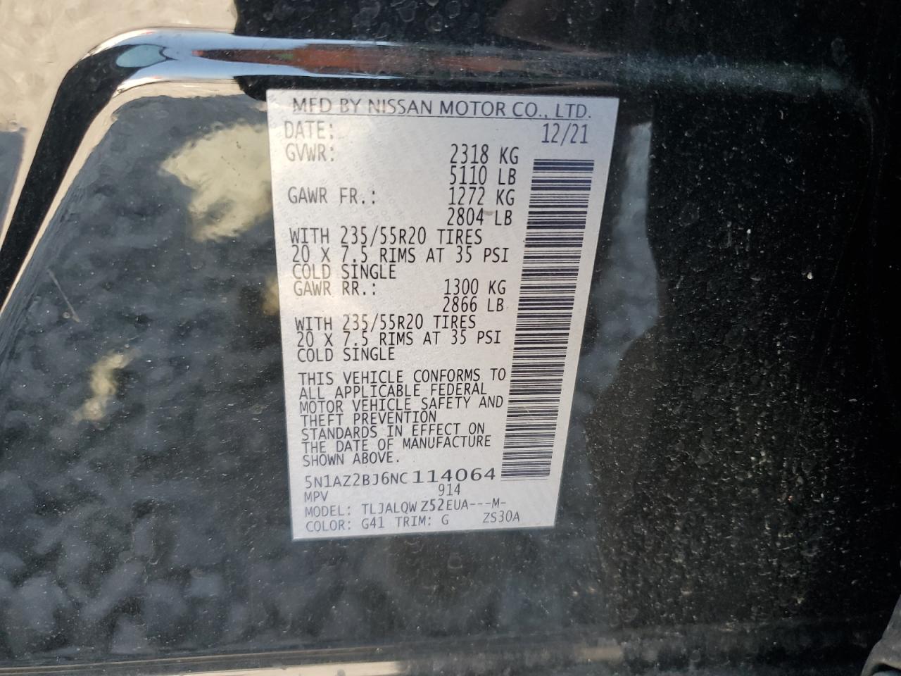 2022 Nissan Murano Sv VIN: 5N1AZ2BJ6NC114064 Lot: 71406405