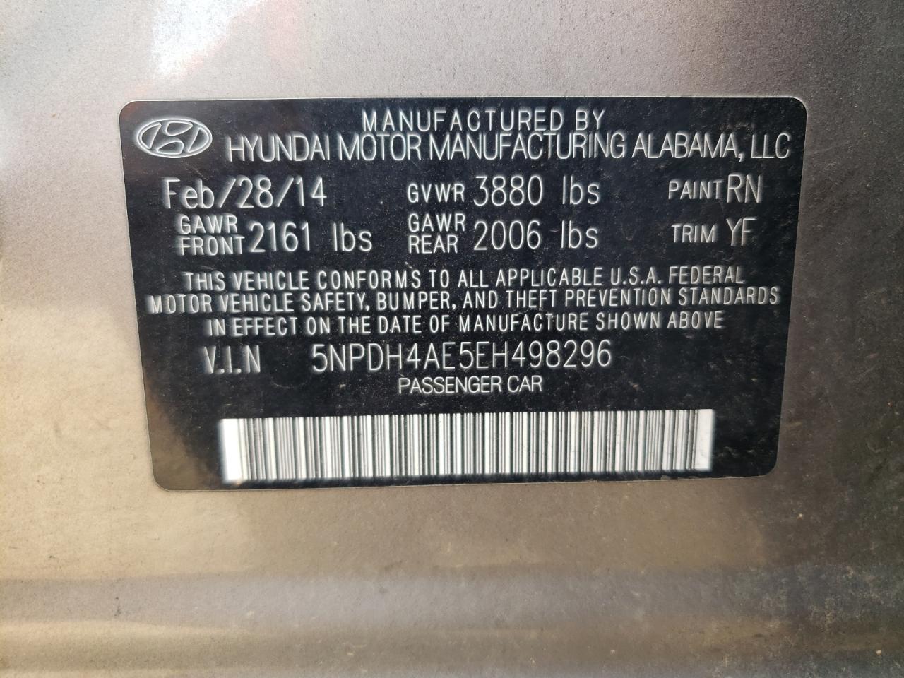 2014 Hyundai Elantra Se VIN: 5NPDH4AE5EH498296 Lot: 80731955