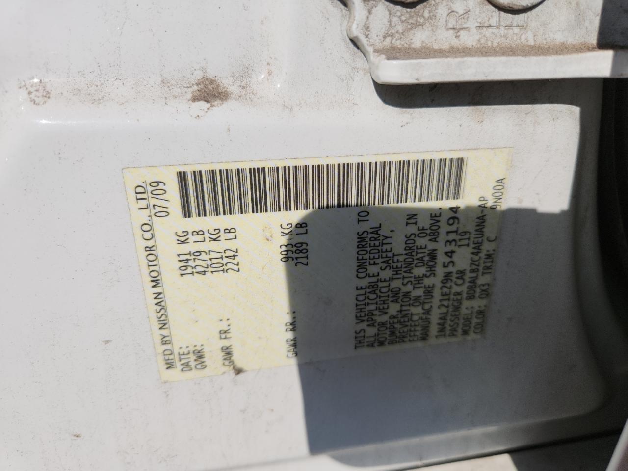 2009 Nissan Altima 2.5 VIN: 1N4AL21E29N543194 Lot: 81208225