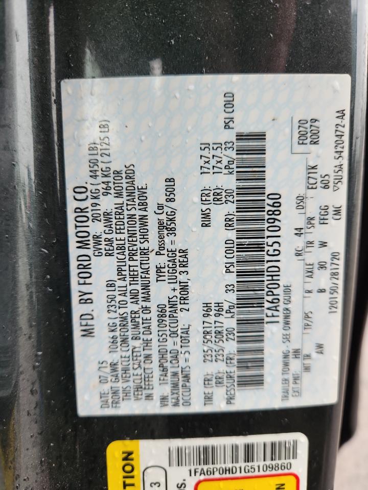 2016 Ford Fusion Se VIN: 1FA6P0HD1G5109860 Lot: 82028115