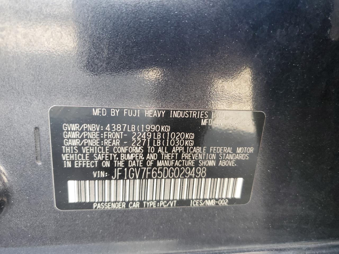 2013 Subaru Impreza Wrx VIN: JF1GV7F65DG029498 Lot: 81547395