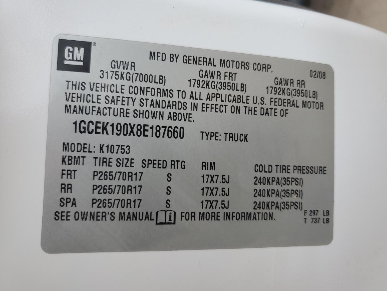 2008 Chevrolet Silverado K1500 VIN: 1GCEK190X8E187660 Lot: 80797995