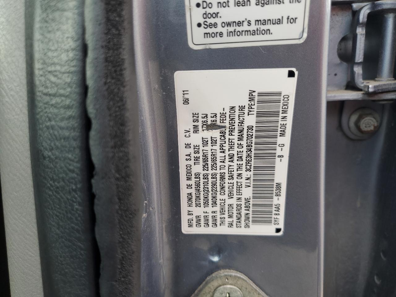 2011 Honda Cr-V Lx VIN: 3CZRE3H34BG702730 Lot: 82060315