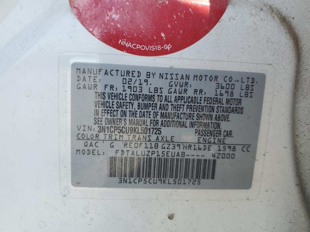 2019 Nissan Kicks S VIN: 3N1CP5CU9KL501725 Lot: 80739665