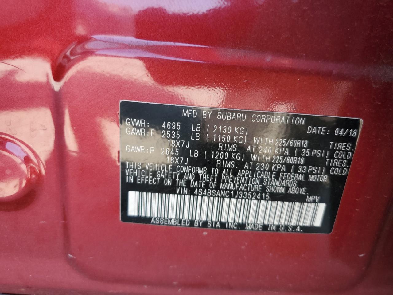 2018 Subaru Outback 2.5I Limited VIN: 4S4BSANC1J3352415 Lot: 81076705