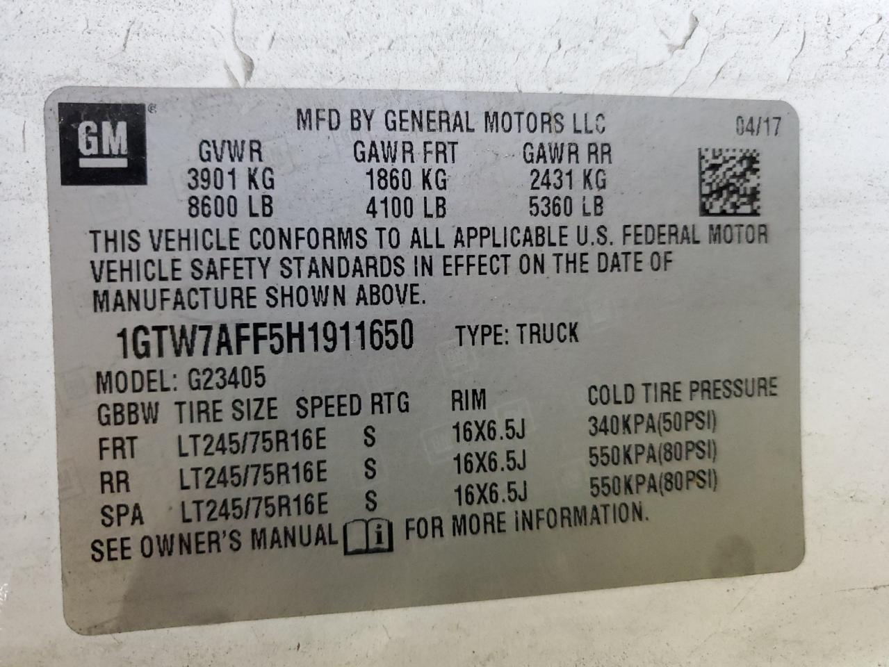 2017 GMC Savana G2500 VIN: 1GTW7AFF5H1911650 Lot: 71392705