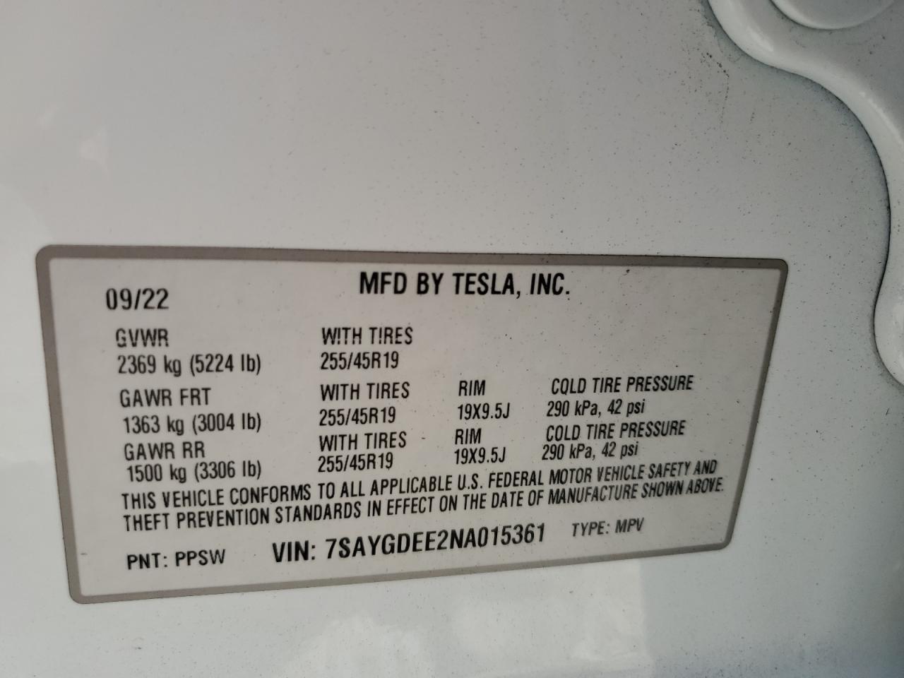 2022 Tesla Model Y VIN: 7SAYGDEE2NA015361 Lot: 83977285