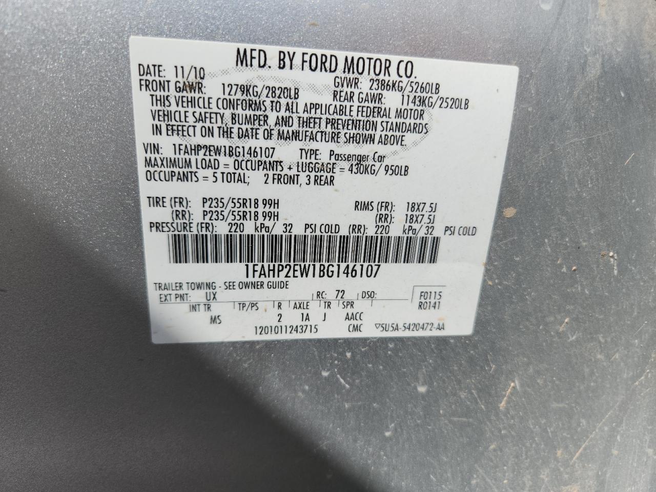 2011 Ford Taurus Sel VIN: 1FAHP2EW1BG146107 Lot: 71209035