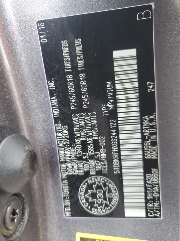 2016 Toyota Highlander Le VIN: 5TDBKRFHXGS244122 Lot: 71398305