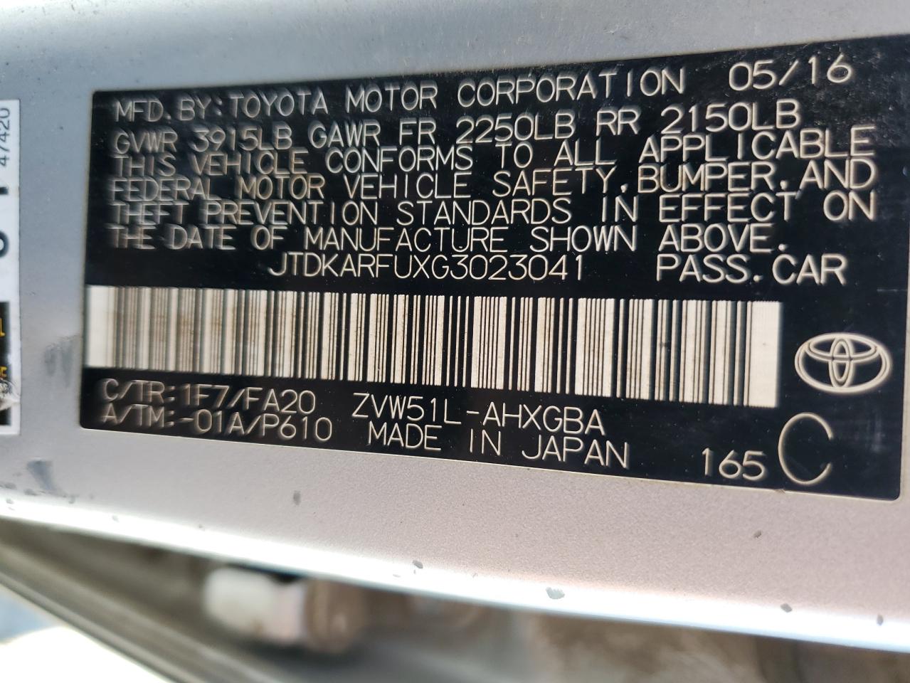 2016 Toyota Prius VIN: JTDKARFUXG3023041 Lot: 80835635