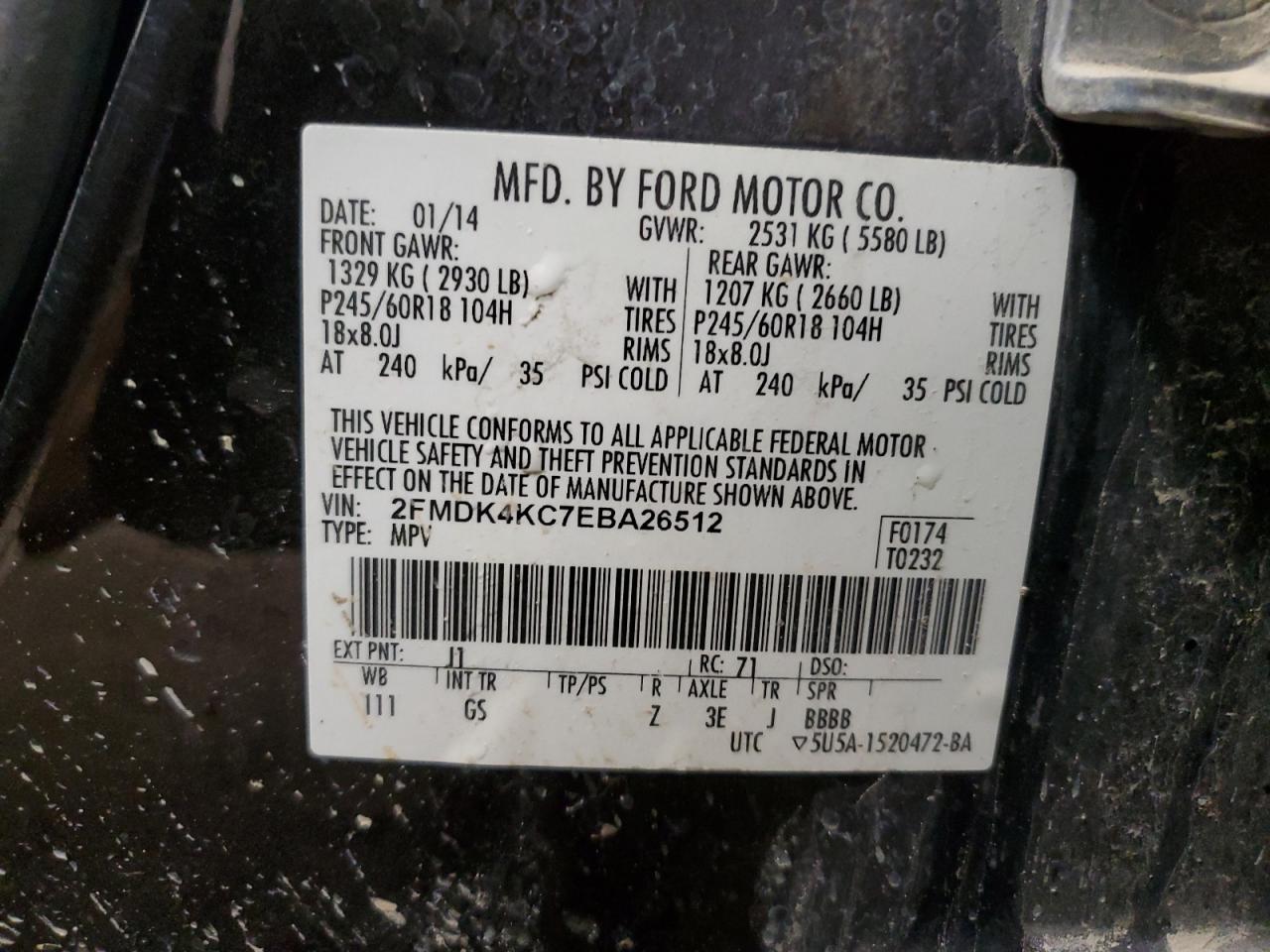 2014 Ford Edge Limited VIN: 2FMDK4KC7EBA26512 Lot: 69695315