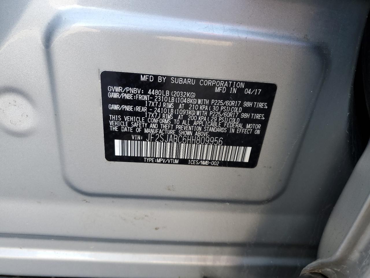 2017 Subaru Forester 2.5I VIN: JF2SJABC6HH809956 Lot: 84204055