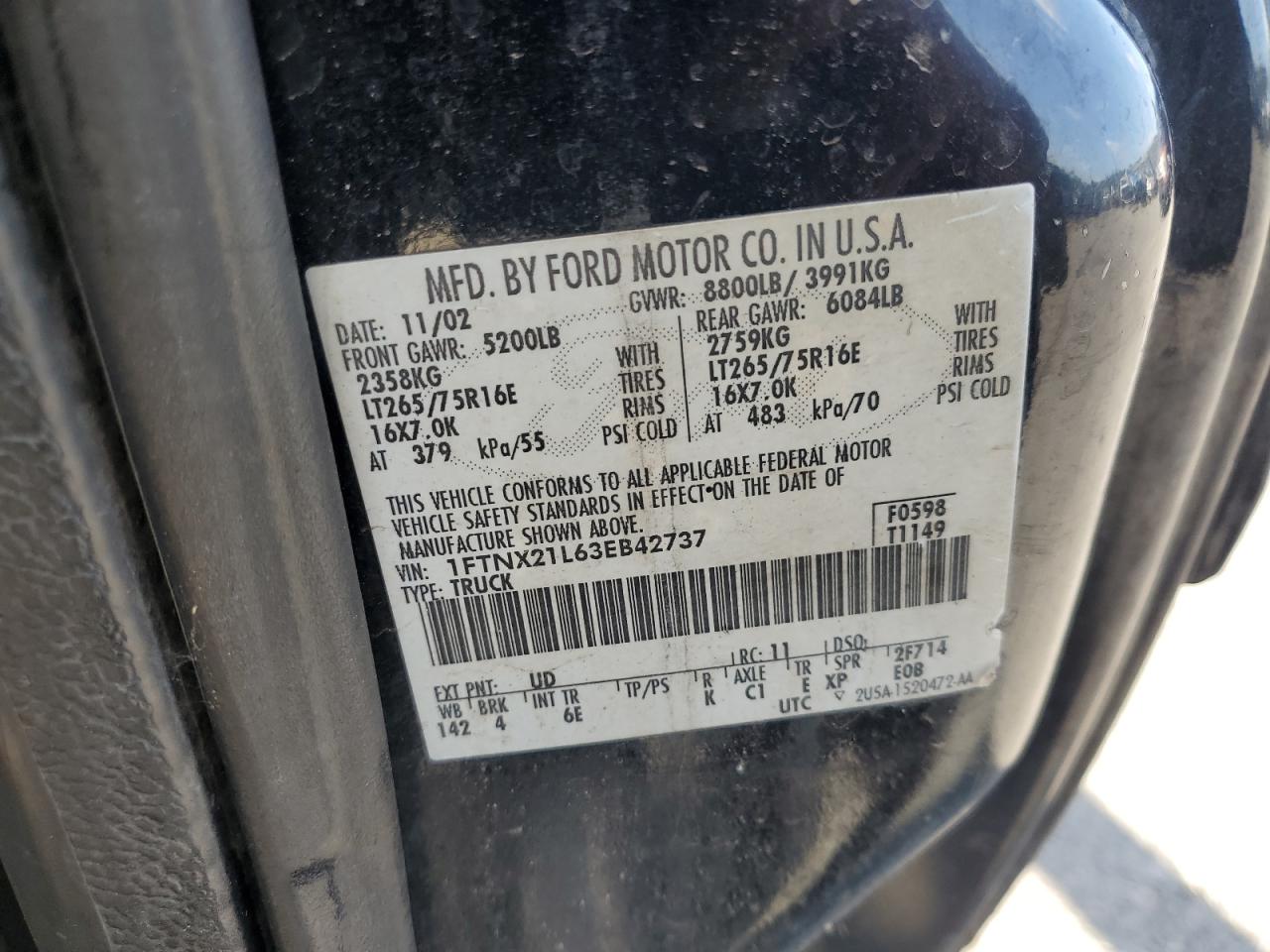 2003 Ford F250 Super Duty VIN: 1FTNX21L63EB42737 Lot: 71827565