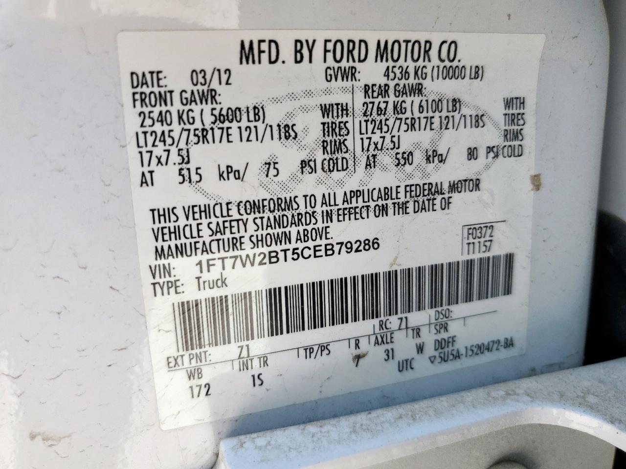 2012 Ford F250 Super Duty VIN: 1FT7W2BT5CEB79286 Lot: 80707635