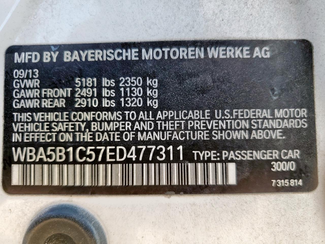 2014 BMW 535 I VIN: WBA5B1C57ED477311 Lot: 84243585