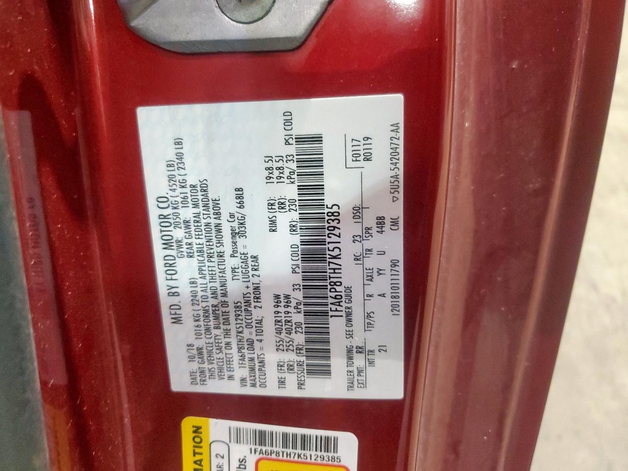 2019 Ford Mustang VIN: 1FA6P8TH7K5129385 Lot: 70923745