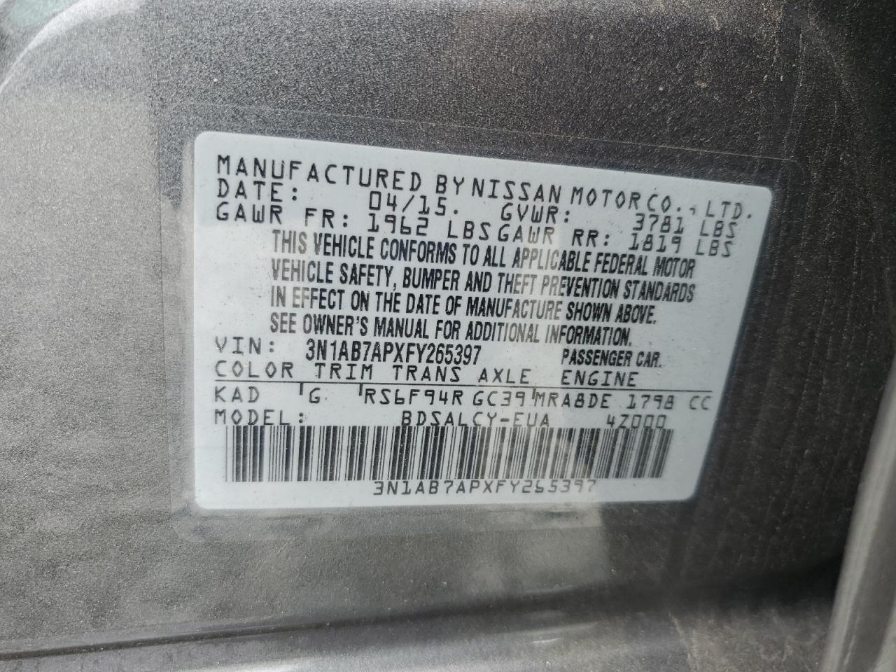 2015 Nissan Sentra S VIN: 3N1AB7APXFY265397 Lot: 80656895