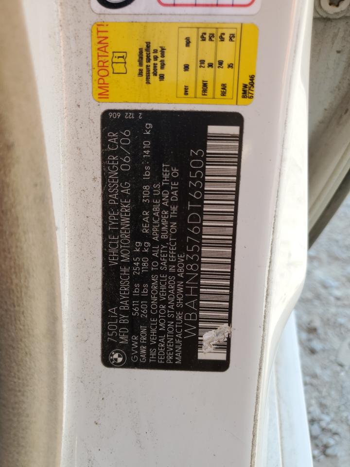 2006 BMW 750 Li VIN: WBAHN83576DT63503 Lot: 84404725