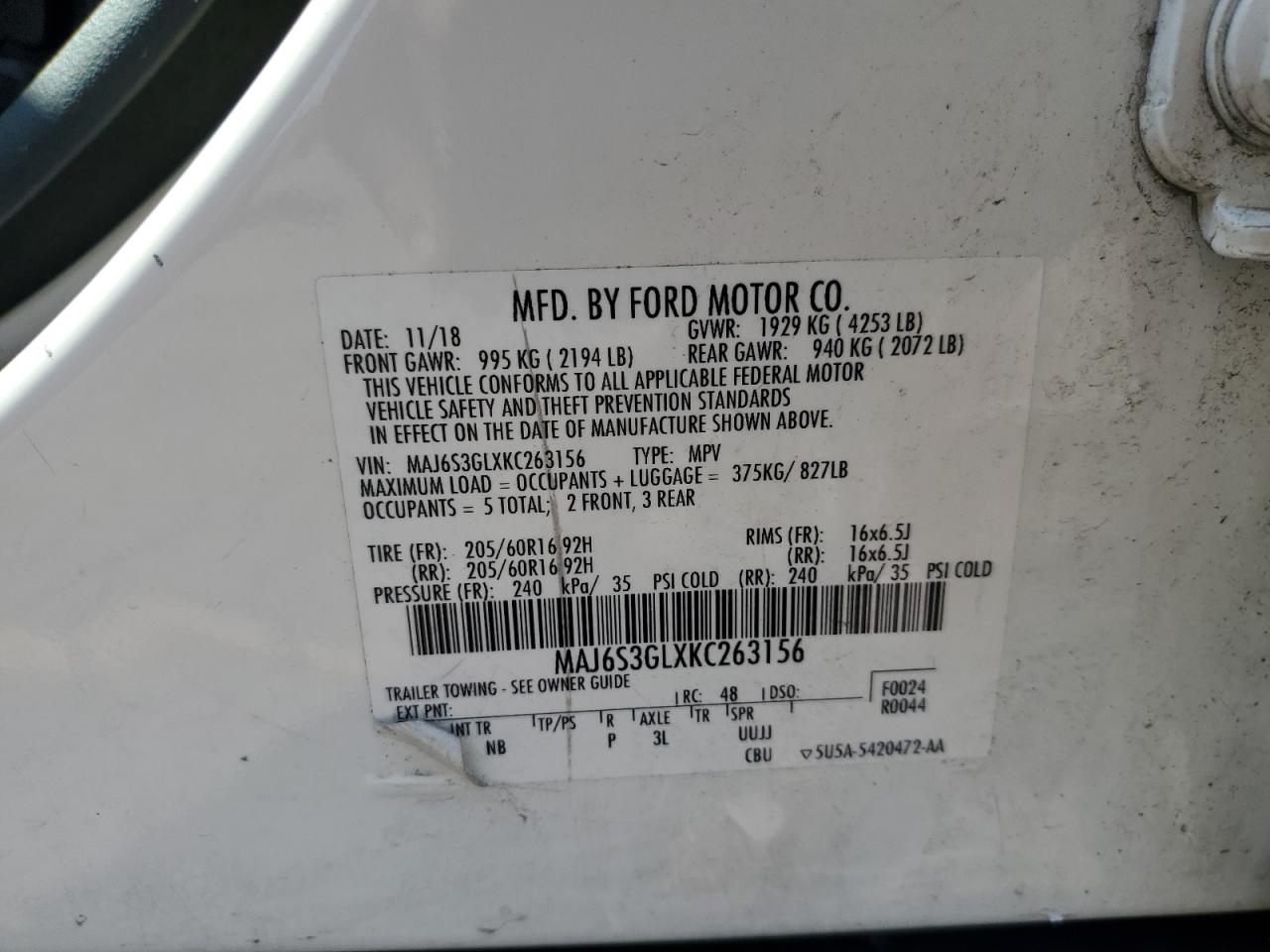 2019 Ford Ecosport Se VIN: MAJ6S3GLXKC263156 Lot: 81403705