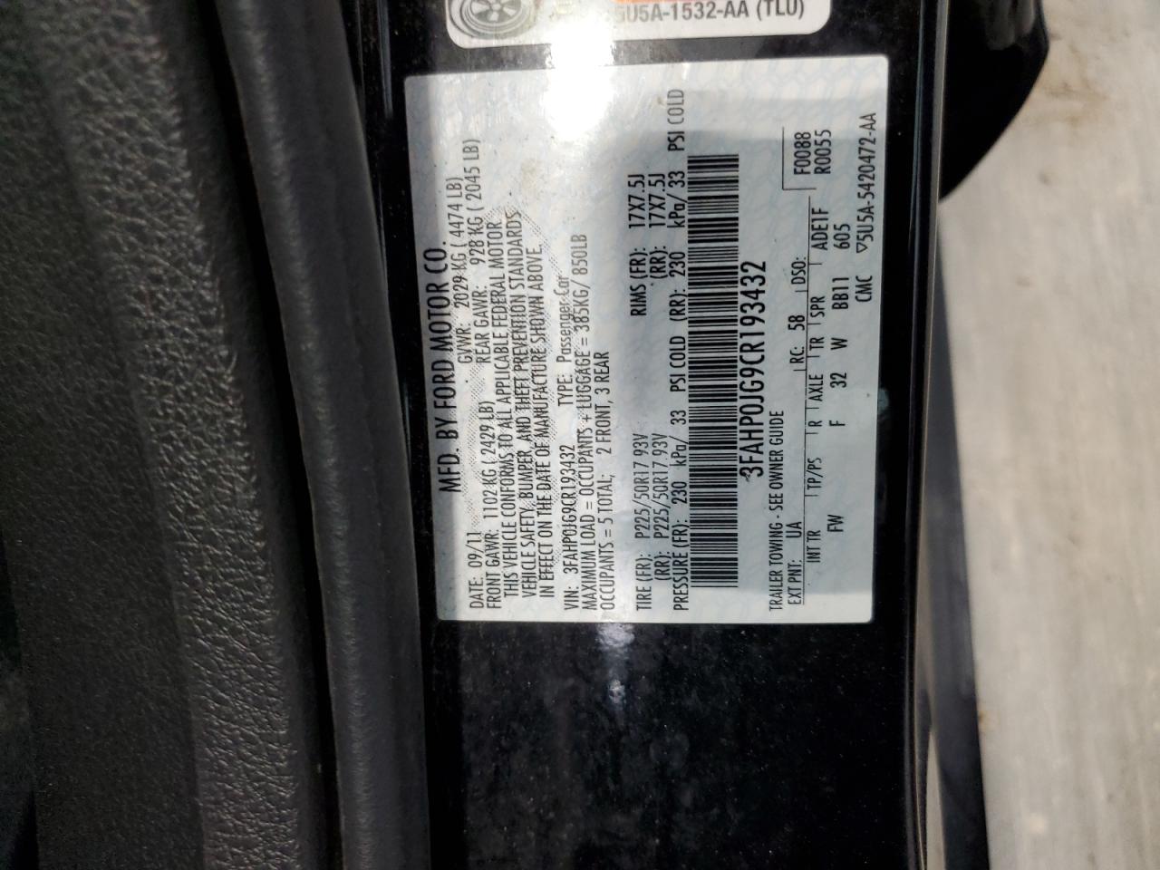 2012 Ford Fusion Sel VIN: 3FAHP0JG9CR193432 Lot: 80301535