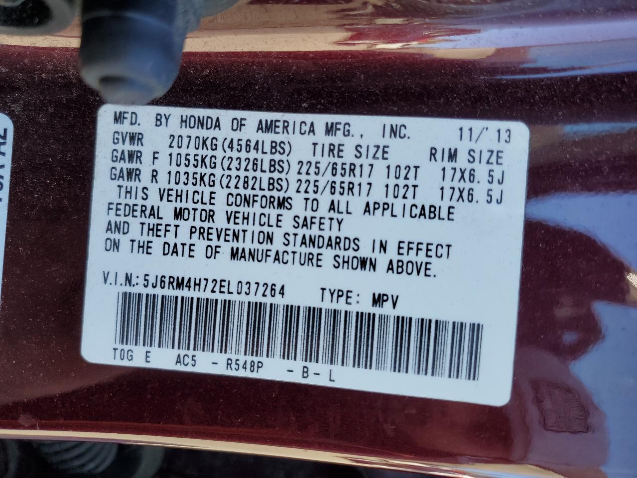 2014 Honda Cr-V Exl VIN: 5J6RM4H72EL037264 Lot: 81780895