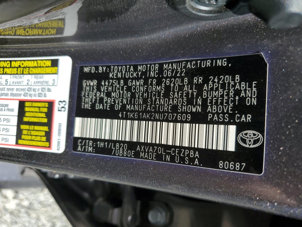 2022 Toyota Camry Xse VIN: 4T1K61AK2NU707609 Lot: 80250365