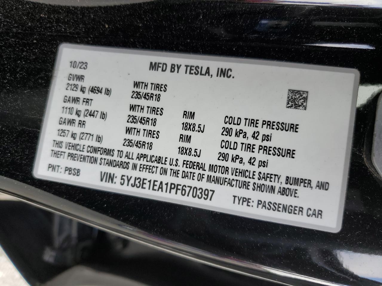2023 Tesl Model 3 VIN: 5YJ3E1EA6RF845066 Lot: 80443625